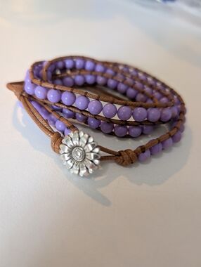 Handmade Purple Beaded Wrap Bracelet with Silver Flower Button